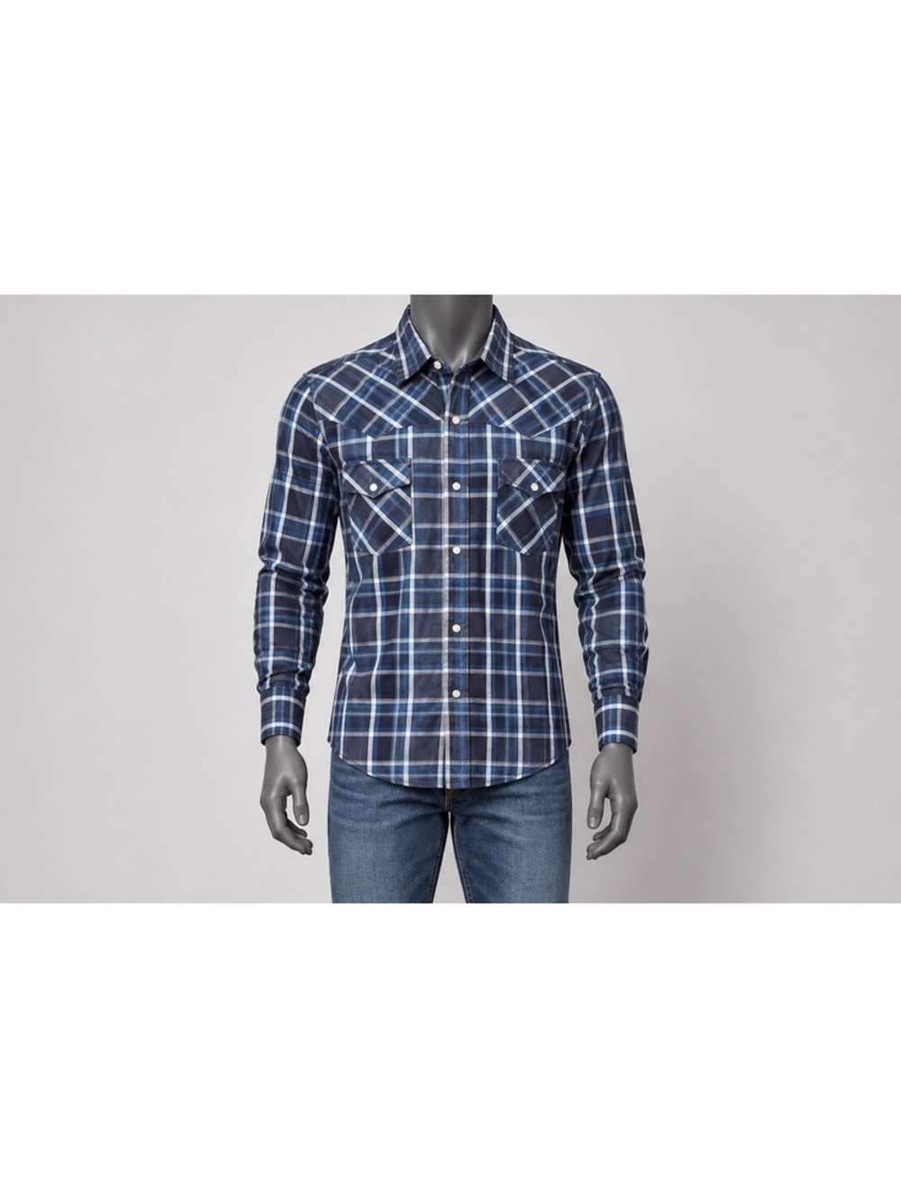 Bit & Bridle Mens M Blue Plaid Western Pearl Snap Shirt Cowboy Long Sleeve